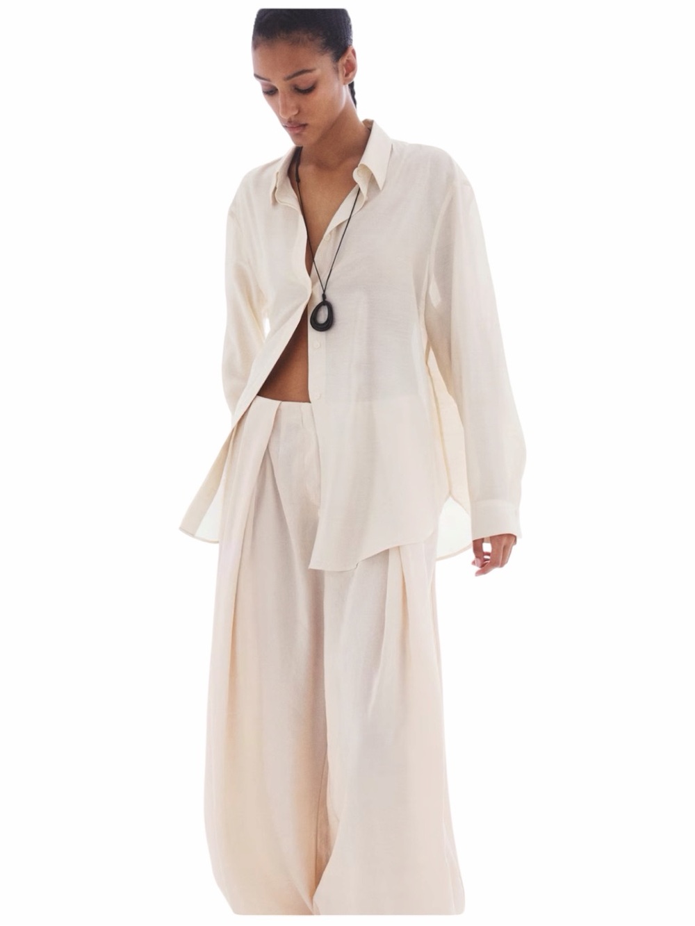 H&M Light Beige Long Oversized Shirt Hidden Buttons NWT XS